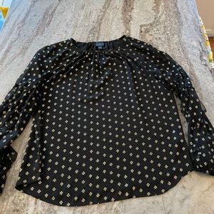 Black top with gold foil print & flutter sleeves